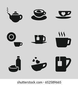 Tea icons set. set of 9 tea filled icons such as teapot, dish, drink and food