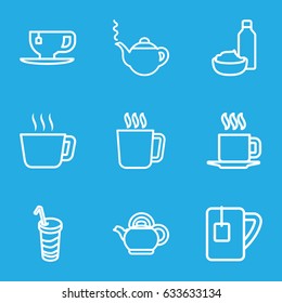 Tea icons set. set of 9 tea outline icons such as mug, teapot, drink and food, drink