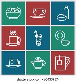 Tea icons set. set of 9 tea outline icons such as dish, tea cup, drink and food, drink, cup