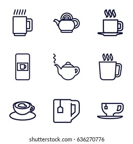 Tea icons set. set of 9 tea outline icons such as mug, vending machine, teapot, tea cup, cup with heart