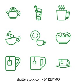 Tea icons set. set of 9 tea outline icons such as mug, dish, tea cup, drink, cup with heart