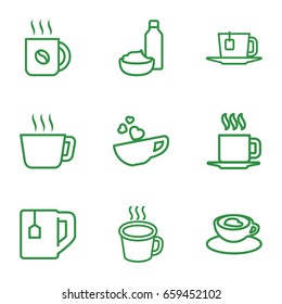 Tea icons set. set of 9 tea outline icons such as coffee, drink and food, cup with heart