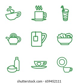 Tea icons set. set of 9 tea outline icons such as dish, drink and food, drink, cup with heart, tea cup, cup, teapot