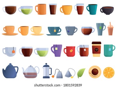 Tea icons set. Cartoon set of tea vector icons for web design