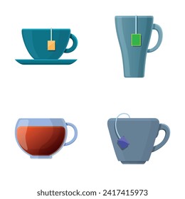 Iconos de té establecen el vector de dibujos animados. Diferente tipo de taza con té de bebida. Teatime, desayuno