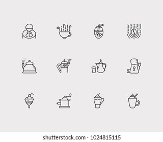 Tea icons set. Coffee grinder and tea icons with coffee, arabic coffee pot and coffee cup. Set of elements including fresh for web app logo UI design.
