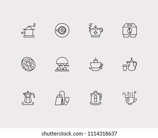 Tea icons set. Coffee machine and tea icons with mocha pot, tea cup and electric kettle. Set of fresh for web app logo UI design.