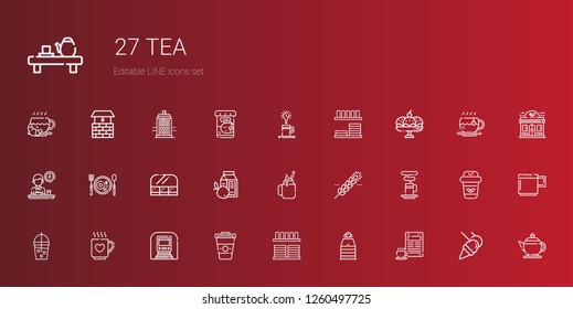 tea icons set. Collection of tea with coffee, sauna, crockery, underground, drink, smoothie, coffee cup, cereal, breakfast, food and restaurant. Editable and scalable tea icons.