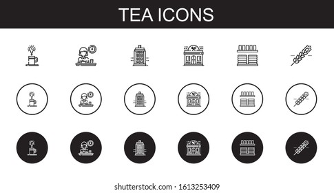 tea icons set. Collection of tea with coffee, breakfast, police box, restaurant, crockery, cereal. Editable and scalable tea icons.