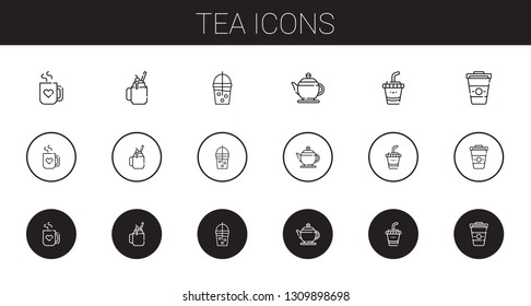 tea icons set. Collection of tea with mug, smoothie, teapot, drink, coffee. Editable and scalable tea icons.