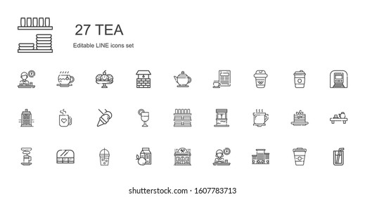 tea icons set. Collection of tea with office, breakfast, restaurant, smoothie, food and restaurant, coffee cup, well, dinnerware, juice, mug. Editable and scalable tea icons.