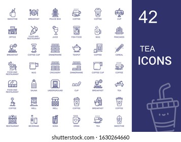 tea icons set. Collection of tea with smoothie, breakfast, police box, coffee, cup, office, food and restaurant, juice, fish food, mug, pancakes. Editable and scalable tea icons.