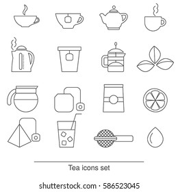 Tea icons set. Collection tea icons in thin line style.