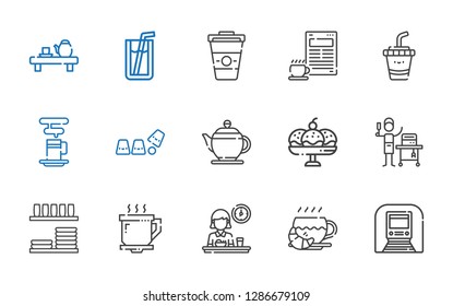 tea icons set. Collection of tea with underground, coffee, breakfast, coffee cup, dinnerware, food and restaurant, cup, teapot, drink, soda. Editable and scalable tea icons.