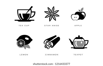 Tea icons set, tea cup, star anise, apple, lemon, cinnamon, teapot vector Illustration on a white background