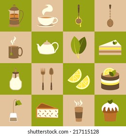 Tea icons set with cup sugar cake isolated vector illustration