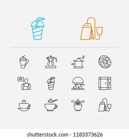 Tea icons set. Donut and tea icons with cafe macchiato, sugar spoon, hand coffee grinder. Set of container for web app logo UI design.