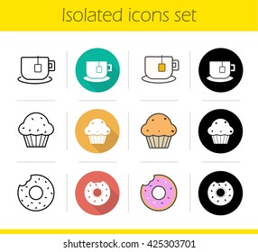 Tea icons set. Flat design, linear, black and color styles. Bitten glazed doughnut, muffin with raisins, cup on plate with teabag label. Isolated vector illustrations