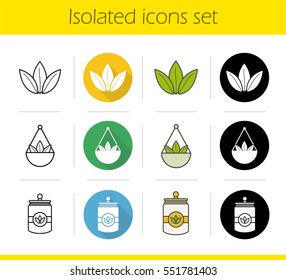 Tea icons set. Flat design, linear, black and color styles. Loose tea leaves in bulk and container. Isolated vector illustrations
