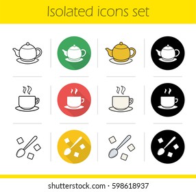 Tea icons set. Flat design, linear, black and color styles. Brewing teapot, steaming cup on plate, teaspoon with sugar cubes. Isolated vector illustrations