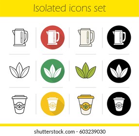 Tea icons set. Flat design, linear, black and color styles. Electric kettle, loose tea leaves, takeaway paper cup. Isolated vector illustrations