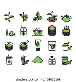 Tea icons set, Green tea bubble, tea leaf,tea leaves, Green tea powder, colorline, outline Vector illustration, You can edit the line