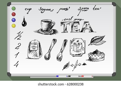 Tea icons set hand drawn on whiteboard. Cup on plate, tea pocket, label, tea leaves. vector stock illustration