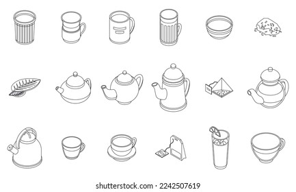 Tea icons set. Isometric set of tea vector icons for web design isolated on white background outline