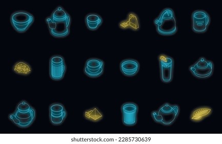Tea icons set. Isometric set of tea vector icons neon color on black