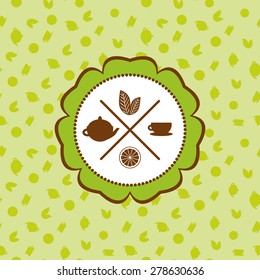  tea icons set with lemon seamless pattern on green background. Vector