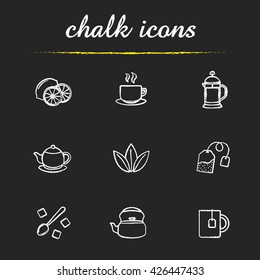 Tea icons set. Lemon, steaming cup on plate, french press, teapot, loose tea leaves, refined sugar cubes, kettle, mug with teabag illustrations. Isolated vector chalkboard drawings