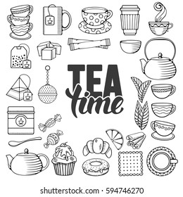 Tea icons set in minimalist outline hand drawn doodle style. Vector illustration. Isolated on white background.