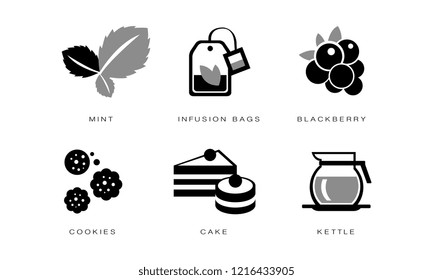 Tea icons set, mint, infusion bag, blackberry, cookies, cake, kettle, vector Illustration on a white background