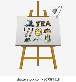 Tea icons set on easel. Hand drawn vector stock illustration