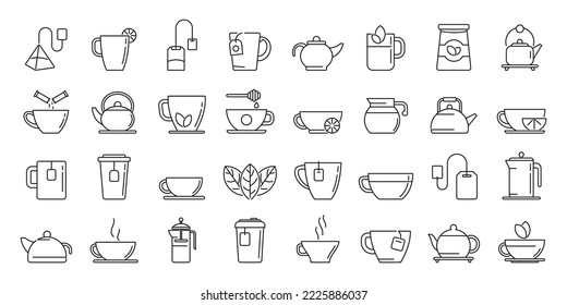 Tea icons set outline vector. Beverage drink. Glass hot water