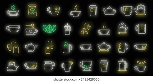 Tea icons set outline vector. Beverage drink. Glass hot water neon isolated