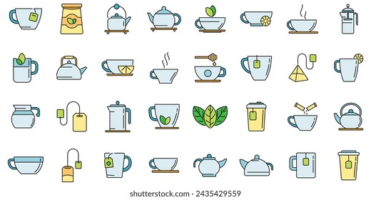 Tea icons set outline vector. Beverage drink. Glass hot water color line isolated