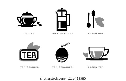 Tea icons set, sugar, french press, teaspoon, strainer, tea sticker vector Illustration on a white background