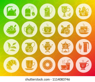 Tea icons set. Web sign kit of cup. Tea time pictogram collection includes teapot, samovar, lemon, mint. Simple tea attribute vector symbol. Icon shape carved from circle on colorful background