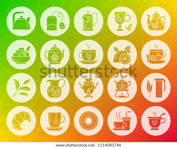 Tea icons set. Web sign kit of cup. Tea time\
pictogram collection includes teapot, samovar, lemon, mint. Simple\
tea attribute vector symbol. Icon shape carved from circle on\
colorful background