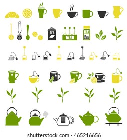 Tea icons. Teapot and tea bag, tea ceremony, lemon and sugar. Vector illustration.