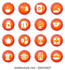 Tea icons vector set of red circles isolated on white background