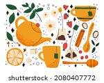 Tea illustration objects set vector. Flat style kitchen illustrations