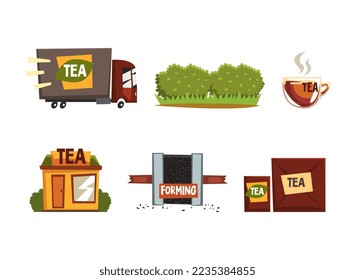 Tea Industry Production with Tea Truck and Cardboard Packaging Vector Set