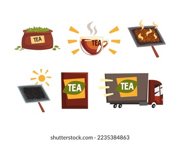 Tea Industry Production with Tea Truck and Cardboard Packaging Vector Set