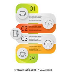 Tea infographics. Step by step tea making instruction graphic concept. Teacup on plate, teabag, electric kettle, steaming cup and brewing time symbols. Vector illustration