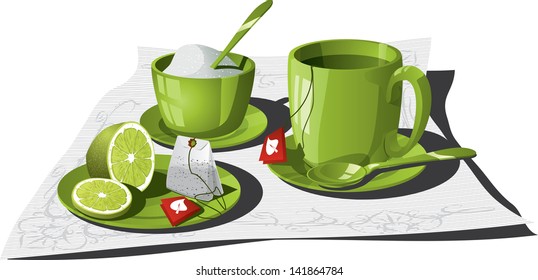 Tea Infusion - Vector illustration of a personal tea set. Teabag, sliced lemon, sugar, mug, napkin and teaspoon.  