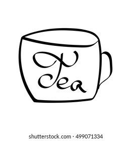 Tea, isolated calligraphy letter with cup, word design template, vector illustration