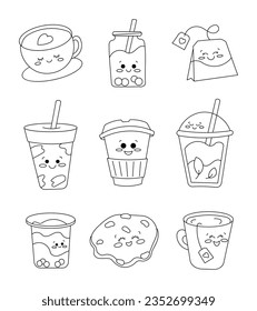Tea items cartoon. Coloring Page. Cute kawaii characters cup, bottle, tea bag, paper, plastic cup, mug, cookie. Vector drawing. Collection of design elements.