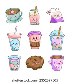 Tea items cartoon. Cute kawaii characters cup, bottle, tea bag, paper, plastic cup, mug, cookie. Vector drawing. Collection of design elements.